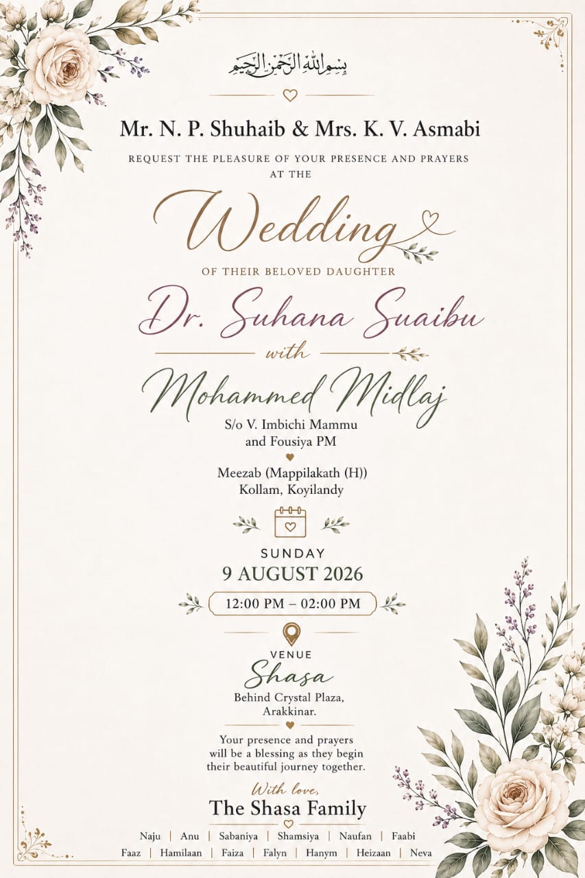 Suhana & Midlaj Wedding Invitation Card